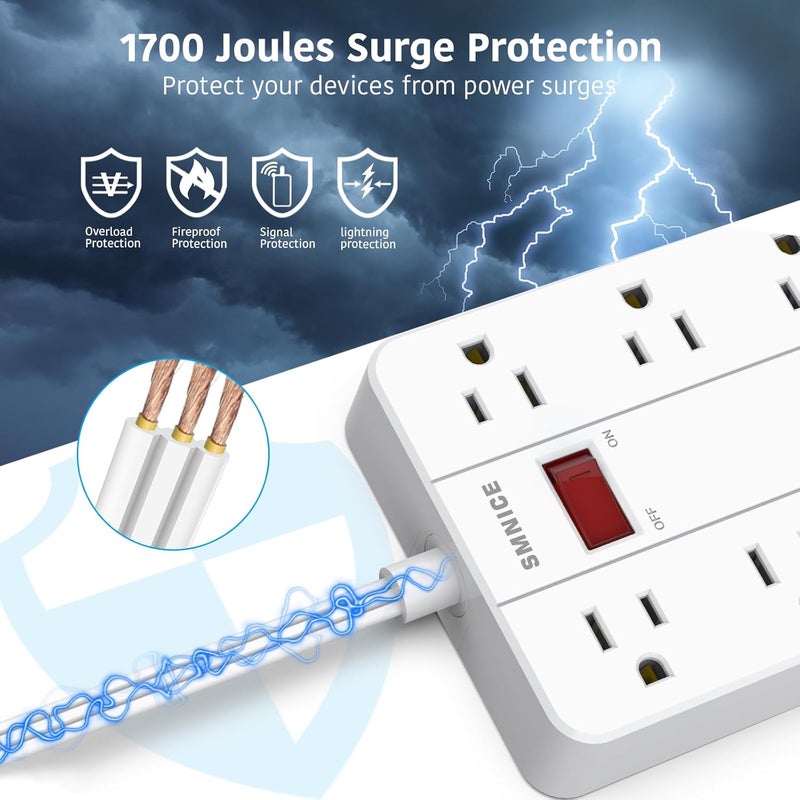 SMNICE سلك تمديد مسطح 15 قدم، شريط طاقة مع واقي من زيادة التيار و8 مآخذ متباعدة و6 منافذ USB (1 USB C)، محطة شحن طويلة مثبتة على الحائط للسكن، المنزل، ملحقات المكتب، أبيض - Image 5